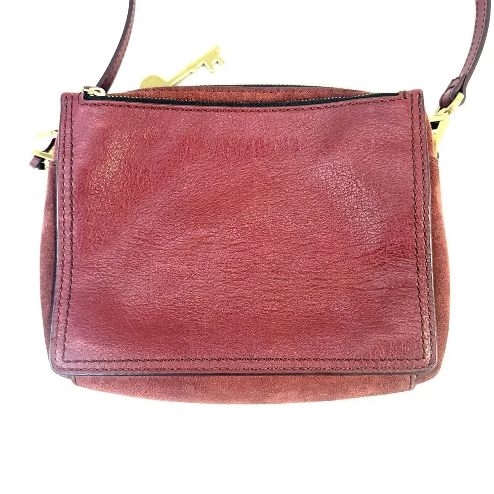 Fossil Campbell Purse Red Burgindy Leather and Suede Sling Bag Crossbody